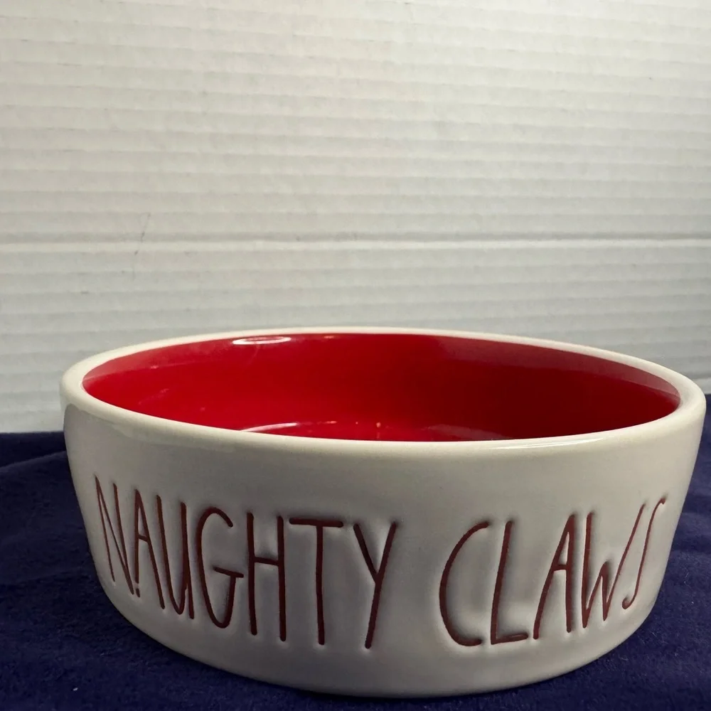 Rae Dunn Naughty Claws Artisan Collection Cat/Dog Bowl Ceramic White Red